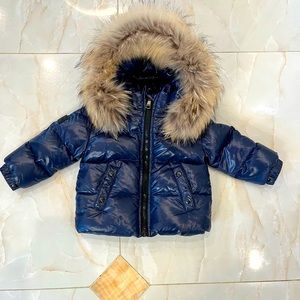 NWOT SAM gorgeous Navy down coat with raccoon fur 12-18 months